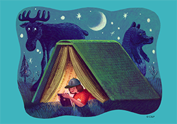child reading in a tent
