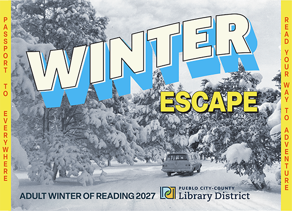 snow cover trees and logo for winter of reading
